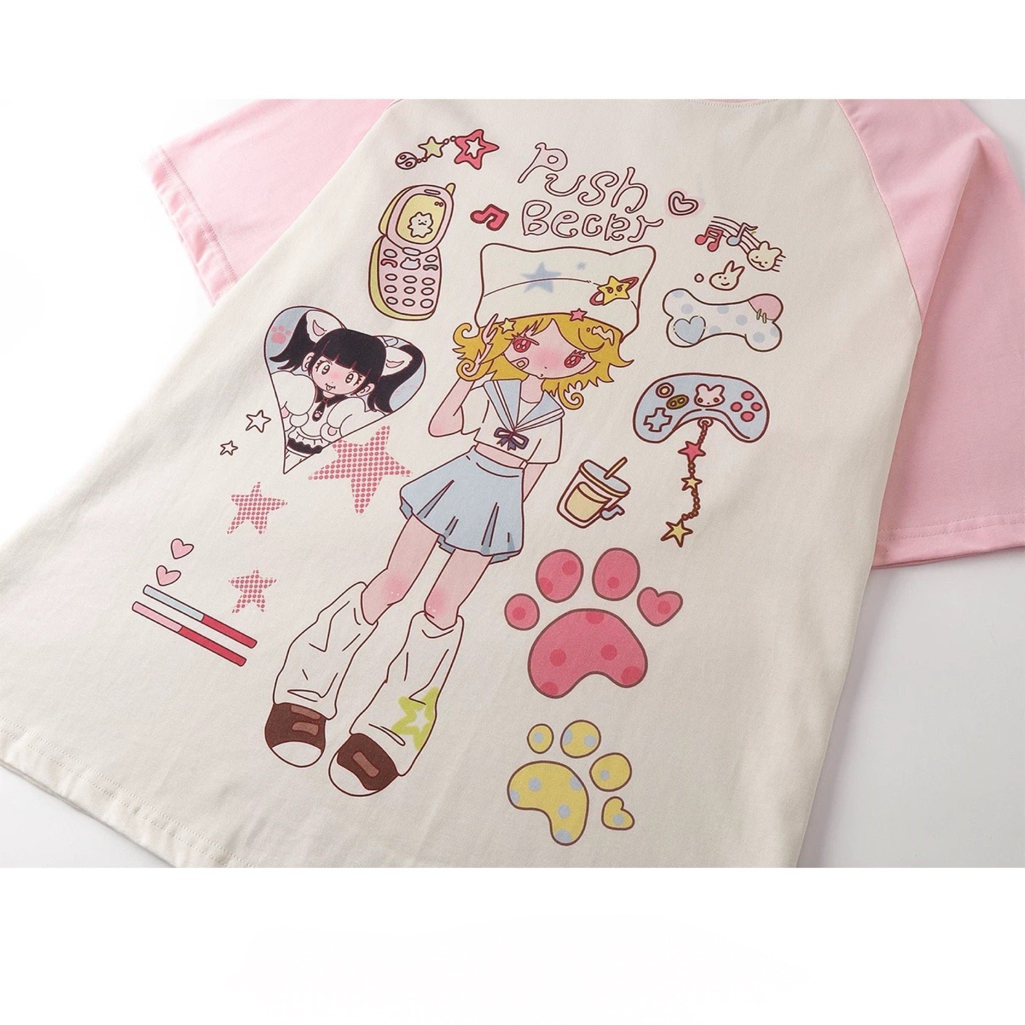 Yami Kawaii Push Beeb Graphic Tee Pastel Harajuku Loose T-Shirt for Girls Patchwork Tops